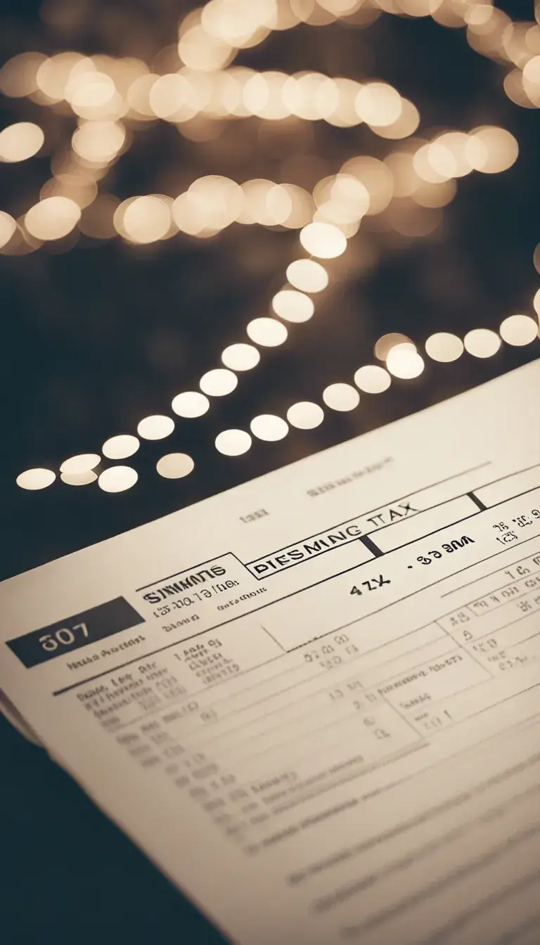 Tax form with bokeh lights background.
